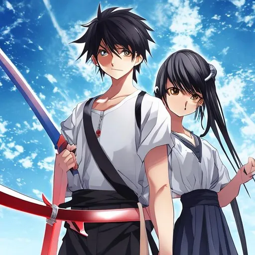 Prompt: A young man standing in New manga world with his sharp sword.
A beautiful girl looking him.