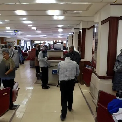 Prompt: Inside the busy hall of a local bank, while my old man tried to do a transaction                                                    