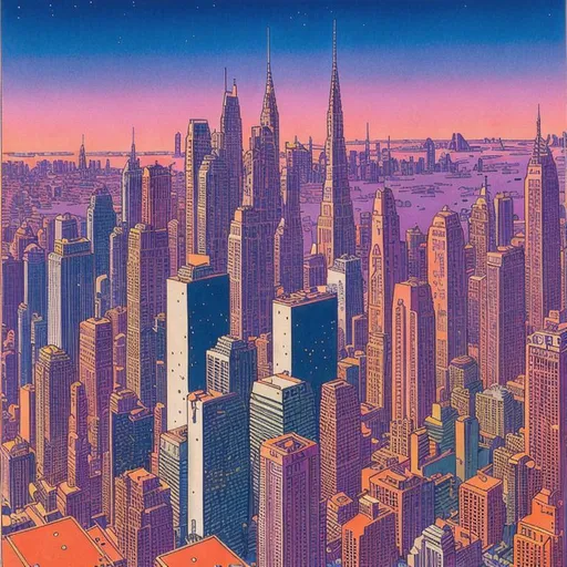 Prompt: Moebius inspired city scape