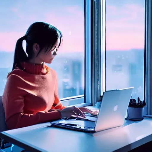 Prompt: Girl in office suite work on laptop in a window seat in a office at sunset cinematic lighting, style by Makoto Shinkai