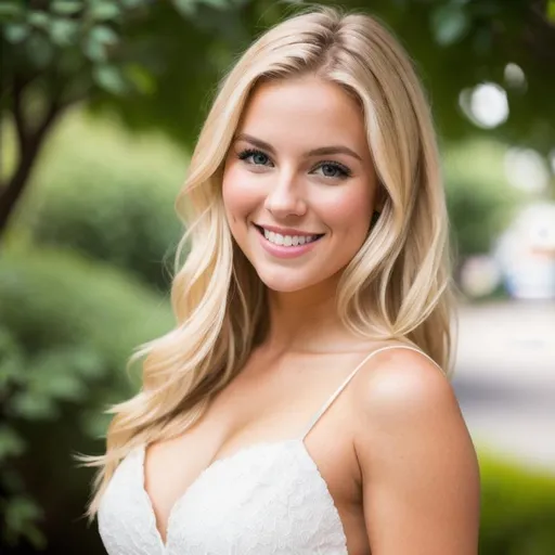 Prompt: cute and very attractive, beautiful 24 year old, american woman, blond hair, beautiful dress, beautiful smile