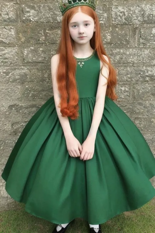 Prompt: Girl 14yo, Queen green dress, dress long, Queen crown, red hair,