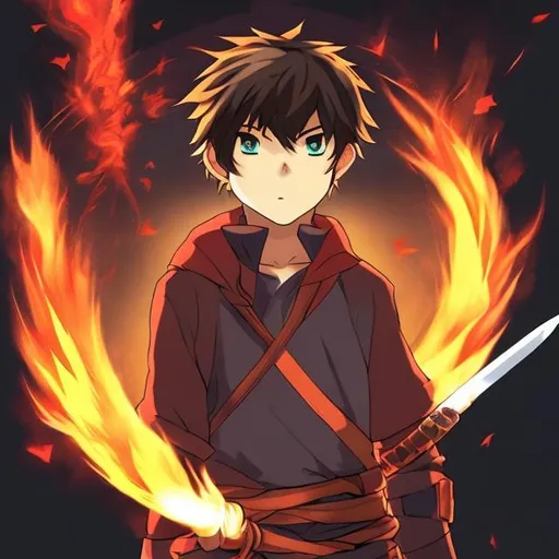 Prompt: anime, boy,sword, fire