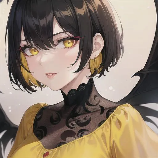 Prompt: (masterpiece, illustration, best quality:1.2), short trimmed all black hair, devilish yellow eyes, wearing yellow silky nightgown, best quality face, best quality, best quality skin, best quality eyes, best quality lips, ultra-detailed eyes, ultra-detailed hair, ultra-detailed, illustration, colorful, soft glow, 1 girl