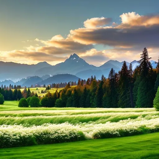 Prompt: magine a serene and tranquil pastoral scene in the Pacific Northwest. The scene is set in a picturesque valley surrounded by towering evergreen trees and rolling hills. The air is crisp and carries the gentle scent of pine. The sky above is a soft canvas of muted grays and blues, with patches of fluffy white clouds passing by gracefully. As you gaze into the distance, you see a meandering river flowing through the valley, its crystal-clear waters reflecting the vibrant greens of the moss-covered rocks lining its banks. A charming wooden bridge spans across the river, inviting you to cross and explore further. In the meadow nearby, a herd of peacefully grazing deer adds to the scene's serenity, their delicate movements harmonizing with the soothing sounds of nature. The distant sound of a cascading waterfall adds a melodic touch to the atmosphere, completing this tranquil Pacific Northwest pastoral scene.