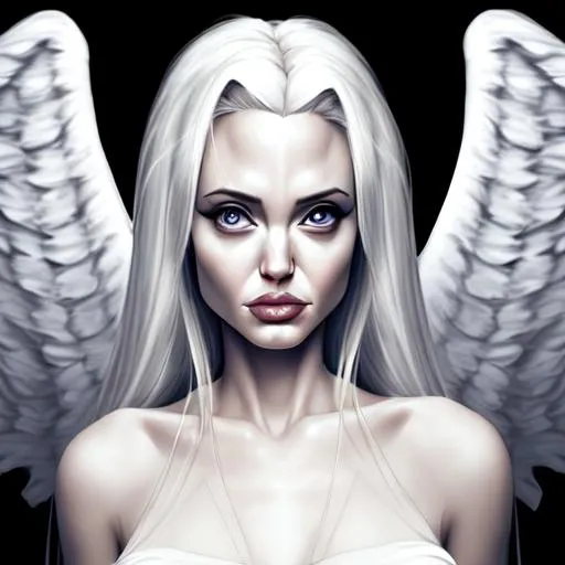 Prompt: Illustration of an Angel girl, with Angelina Jolie’s face, with muscles, white dress, white hair, pale skin, black eyes, with wings, HD, by Tim Burton