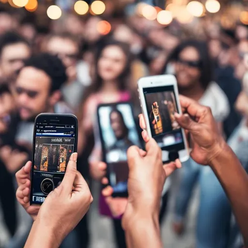 Prompt: People in a crowd playing with an app Effortlessly Selecting a song