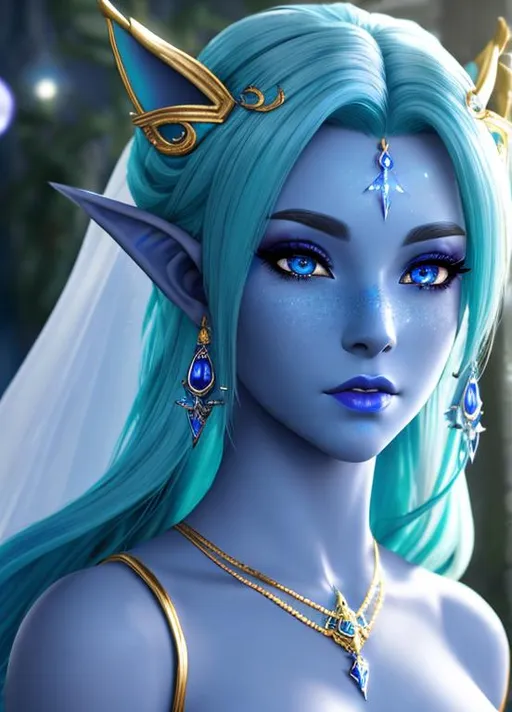 Prompt: Moon elf, blue skin tone, blue hair with shimmering stars, elf ears, white wedding dress, green eyes with golden freckles, highly detailed, 4k, hdr, unreal engine