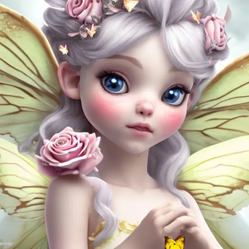 Prompt: cute fairy has wite hair and yellow eys  on a wite rose  
