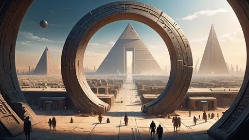 Prompt: small circular portal in the distance, gateway between cities realms worlds kingdoms, ring standing on edge, freestanding ring, hieroglyphs on ring, complete ring, obelisks, pyramids, futuristic towers, large wide-open city plaza, panoramic view, futuristic cyberpunk dystopian setting