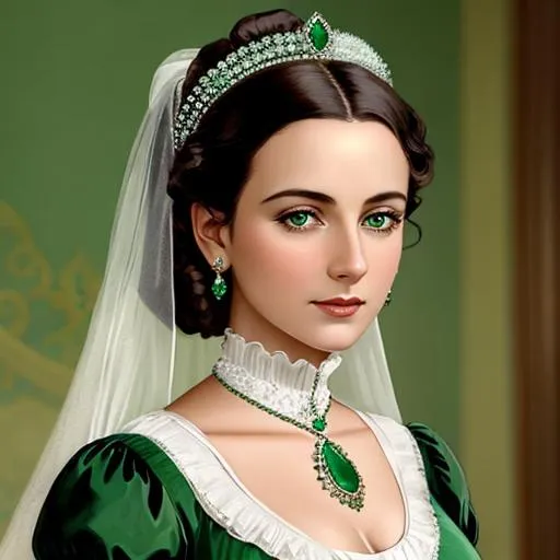 Prompt: Wealthy, stylish lady of the Victorian era, wearing emerald jewelry, wearing green, facial closeup