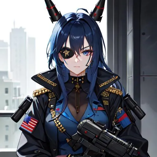 Prompt: (blue Messy hair with front spikes) wearing a eye patch that covers her right eye, wearing a military uniform, tattoos on her arms, holding a gun