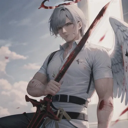 Prompt:  Tough looking male angel with wings and a halo (detailed face), wielding a holy sword, fighting, wounded, covered in blood

