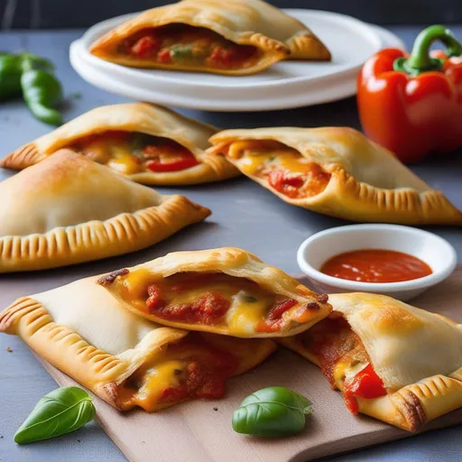 Prompt: Empanada Pizza Pockets. These tasty treats feature a flaky empanada crust filled with all the classic pizza toppings. Picture a crispy golden-brown pastry exterior filled with gooey melted cheese, savory pepperoni slices, diced tomatoes, bell peppers, and a touch of Italian herbs and spices. It's a delightful combination of the flavors and textures of both pizza and empanadas, creating a unique and delicious snack or meal option.