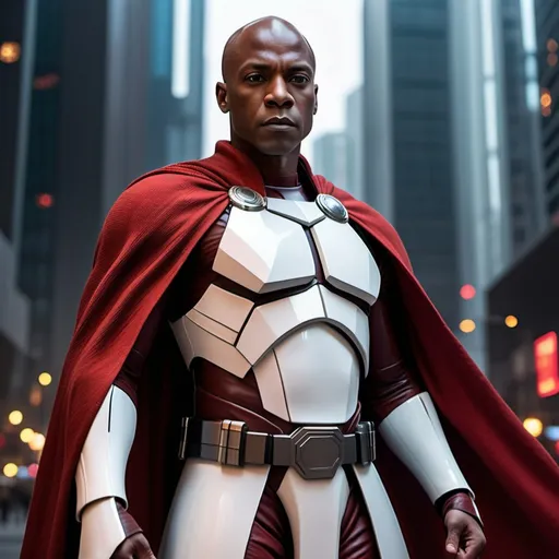 Prompt: A breathtakingly realistic photograph of a Powerful Male Dark-Skinned Bald jedi standing confidently, directly facing the viewer full length, wearing a white armor with small red lines and a red cape. his helmet is off. the armor glistens ominously under the lights of a futuristic metropolis with skyscrapers towering, scarcely lit by a few holographic ads. a starry night sky above him