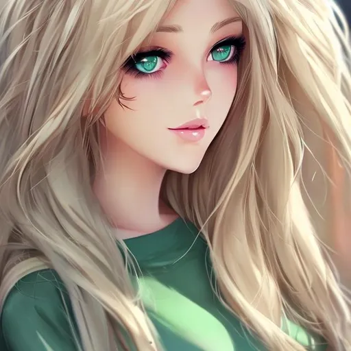 Prompt: Gorgeous woman, beautiful, semi realistic anime style, long blond hair, spring green eyes.