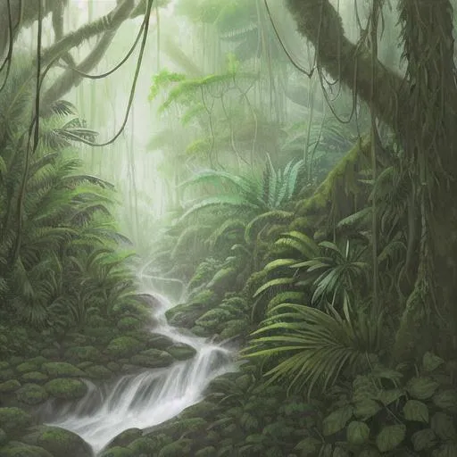Prompt: a dense jungle and a small creek