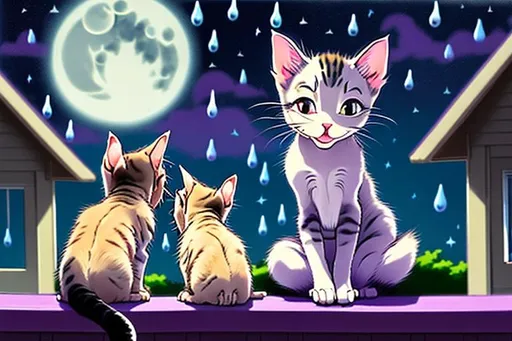 Prompt: Backside view, One adult female cat sits on a roof top looking at a full moon. two kittens play at her feet, one kitten, on left, is small, bright and playful, another kitten, on right, is dark purple and bright green looks bored yet interested in playing. Rain, rain clouds, bright stars, anime style, hyperealistic