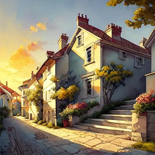 Prompt: a beautiful two story house in a beautiful village, illustrated, dawn, sunrise, good brightness
