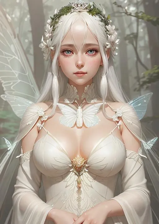 Prompt: A female fairy with soft skin, big dreamy white eyes, beautiful straight white hair, symmetrical, anime eyes wide, soft lighting, detailed face, her wings look like a white monarch butterfly, in a forest, white spaghetti strap dress with ribbons, by makoto shinkai, stanley artgerm lau, wlop, rossdraws, concept art, digital painting, looking into camera.