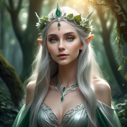 Prompt: Adult slim female elf royalty, graceful posture, ethereal elegance, adorned in intricate silver and emerald robes, wearing a delicate crown, long flowing hair adorned with flowers, serene expression, surrounded by enchanted forest backdrop, magical soft lighting highlighting her features, enchanting atmosphere, mystical aura, ultra-detailed, high quality.