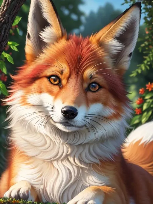 Prompt: (8k, masterpiece, oil painting, professional, UHD character, UHD background) Portrait of Vixey, Fox and Hound, close up, mid close up, brilliant red fur, brilliant amber eyes, big sharp 8k eyes, sweetly peacefully smiling, detailed smiling face, extremely beautiful, alert, curious, surprised, cute fangs, enchanted garden, vibrant flowers, vivid colors, lively colors, vibrant, high saturation colors, open mouth, uv, uwu, flower wreath, detailed smiling face, highly detailed fur, highly detailed eyes, highly detailed defined face, highly detailed defined furry legs, highly detailed background, full body focus, UHD, HDR, highly detailed, golden ratio, perfect composition, symmetric, 64k, Kentaro Miura, Yuino Chiri, intricate detail, intricately detailed face, intricate facial detail, highly detailed fur, intricately detailed mouth