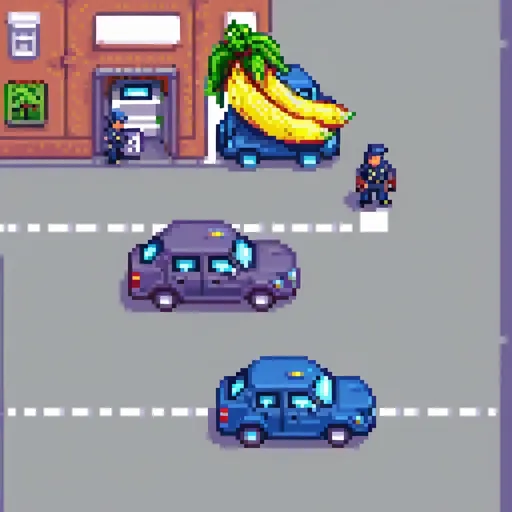 Prompt: bananna car being followed by police in town adstract