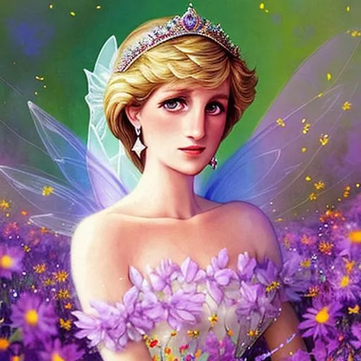 Prompt: Princess Diana as a fairy goddess of wildflowers ethereal,dreamscape, cool colors, closeup