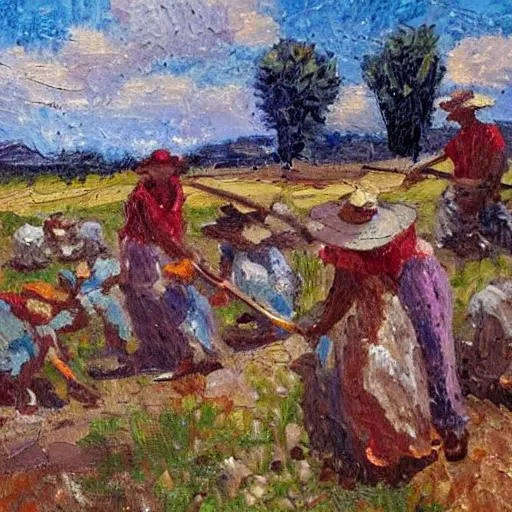 Prompt: ancient people farming, impressionist oil painting