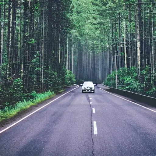 Prompt: a car driving on the road near a forest 