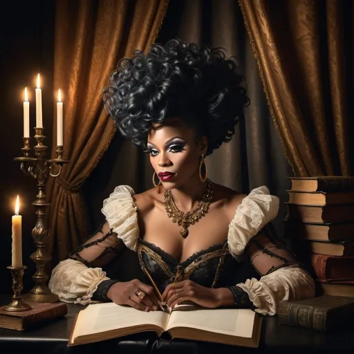 Prompt: Baroque-style still-life portrait, (honoring a black drag queen poet), celebrating literary creativity, rich details in (dramatic lighting), surrounded by quill pens, parchment, books, elegant fabric drapes, intricate textures, atmospheric candlelit background, deep shadows and highlights, lush colors, ultra-detailed, historical ambiance, evoking inspiration and reverence for the art of poetry.