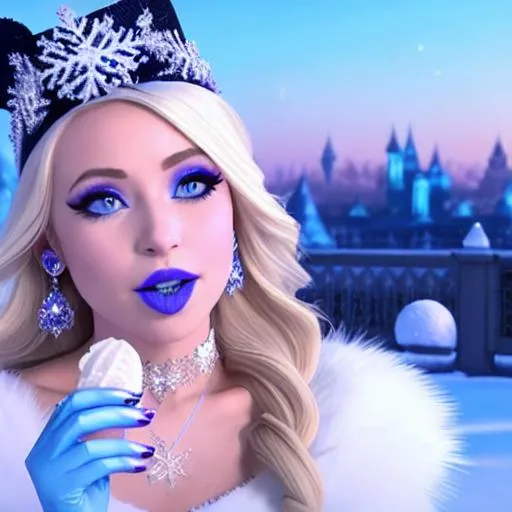 Prompt: Ice Queen Kayleigh McEnany, Elsa, eating blue ice cream in winter palace, blue lipstick, city skyline, windy and snowing, blue heart necklaces, Large frozen Ball Gown, pleasant face, blue eyes, Black-purple eyeshadow, Sugar Hat, extremely large ice earrings. Cold color scheme, ultradetailed, 8k resolution, perfect, smooth, high quality, shiny. 