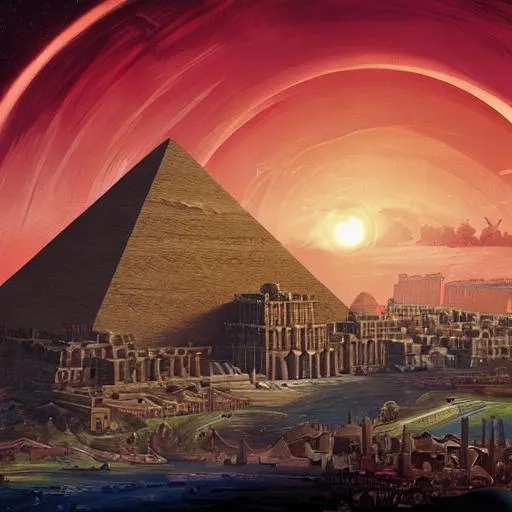 Prompt: middle-eastern fantasy city landscape with huge, red walled pyramid looming in the center