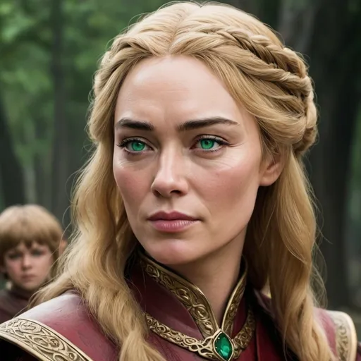 Prompt: hyper-realistic human female, Cersei is a strikingly beautiful woman, with curly golden hair, emerald green eyes, fair skin, and a slender, graceful figure. When they were children, Cersei and her twin brother, Jaime, looked so alike not even their father, Tywin, could tell them apart.As adults, they still significantly resemble each other., fantasy character art, illustration, dnd, 