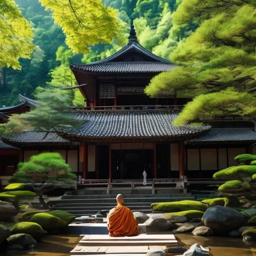 Prompt: A monk is meditating in a Zen Buddhist temple on the edge of a river