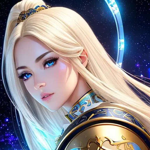 Prompt: ultra realistic illustration, 100 mm lens, cinematic shot, full-body, front view, perfect angle,

Young woman, white and gold armor with glowing blue Chinese runes, 
one crystal cedar staff, (detailed face, detailed eyes, detailed nose, detailed mouth and lips),  long straight blonde hair, expressive amused lips, beautiful, ultra detailed background showing a dark cosmic starscape and front center a grand stairway made of white bone marble, full-body.

(Ultra detailed, finest detail, intricate), 

Epic composition, epic proportion