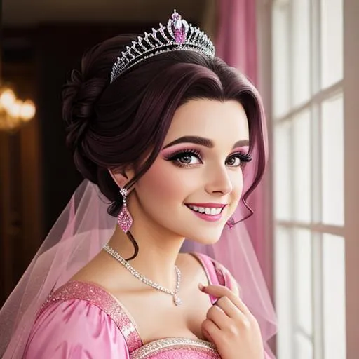 Prompt:  princess wearing pink, dark  hair in an updo, wearing a tiara, pretty makeup, radiant smile, facial closeup