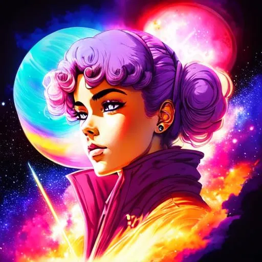 Prompt: retro art, anime character, synthwave art, highly detailed, galaxy, cosmos