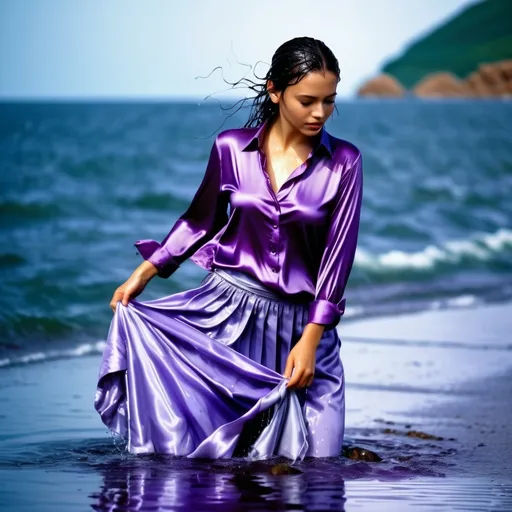 Prompt: photo of young woman, soaking wet clothes, Sandals, Grey skirt, Satin shirt in lila,  , Sea,   enjoying, water dripping from clothes, clothes stuck to body,  detailed textures of the wet fabric, wet face, wet plastered hair,  wet, drenched, professional, high-quality details, full body view.