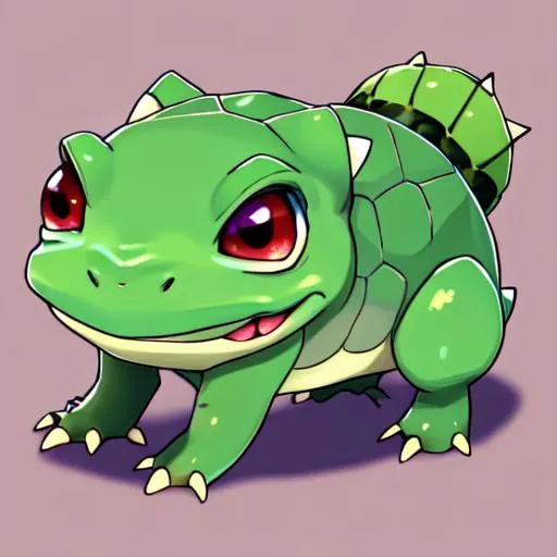 Prompt: HD, High Quality, 5K, Anime, Bulbasaur, small quadrupedal amphibian with green plant bulb on back,  blue skin with darker patches, It has red eyes with white pupils, pointed, ear-like structures on top of its head, and a short, blunt snout with a wide mouth. A pair of small, pointed teeth are visible in the upper jaw when its mouth is open. Each of its thick legs ends with three sharp claws. On Bulbasaur's back is a bright green circular plant bulb that conceals two slender, tentacle-like vines, which is grown from a seed planted there at birth. The bulb also provides it with energy through photosynthesis as well as from the nutrient-rich seeds contained within, forest, Pokémon by Frank Frazetta