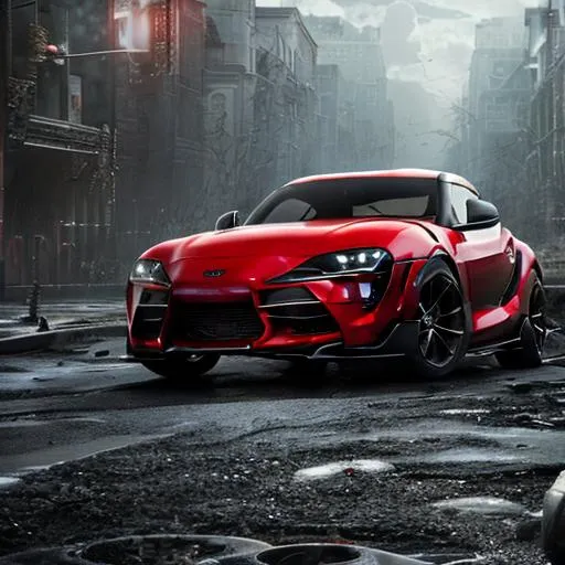 Prompt: Black Toyota Supra driving through hordes of zombies, 8k UHD, studio photography, high quality, high detail, stunning lighting