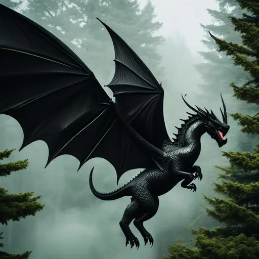 Prompt: Black dragon flying above a forest