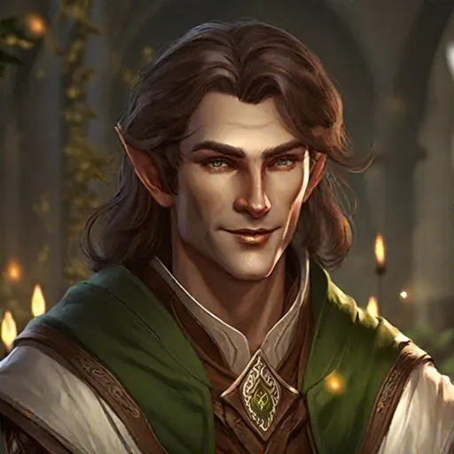 Prompt: a male elven cleric, he is good natured and jocular, high quality, beautiful art, 8k, brown hair