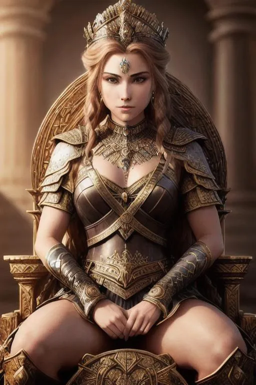 Prompt: Mysterious warrior princess sitting on her intricate throne, ultra realistic, incredible detail, incredible shadow and lighting, masterpiece, 8k