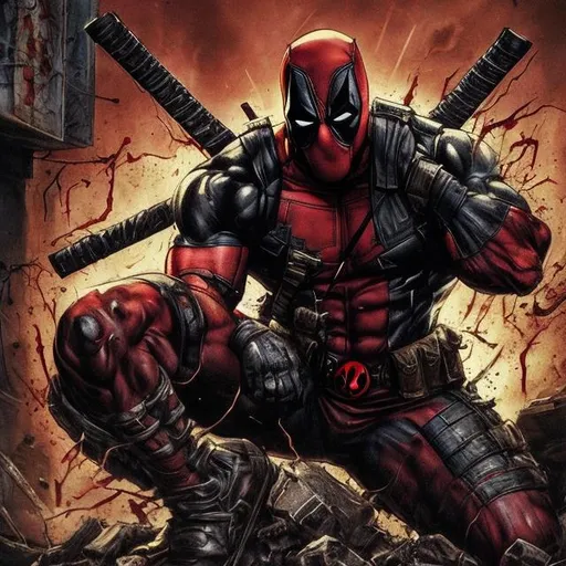 Prompt: Deadpool spawn variant. muscular. dark gritty. Bloody. Hurt. Damaged. Accurate. realistic. evil eyes. Slow exposure. Detailed. Dirty. Dark and gritty. Post-apocalyptic. Shadows. Sinister. Intense. 