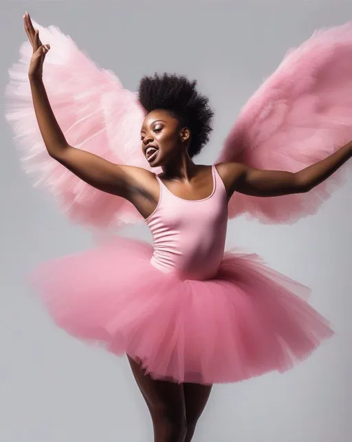 Prompt: A beautiful black girl dressed in pink tulle  against a white background leaps across a stage, arms extended like wings, representing themes of empowerment and being true to oneself from Dean Atta's The Black Flamingo