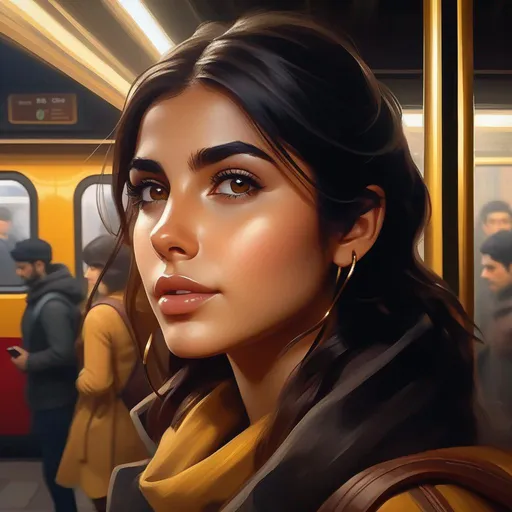 Prompt: Third person, gameplay, Turkish girl, olive skin, black hair, brown eyes, 2020s, smartphone, Istanbul subway station, foggy, golden atmosphere, cartoony style, extremely detailed painting by Greg Rutkowski and by Henry Justice Ford and by Steve Henderson 