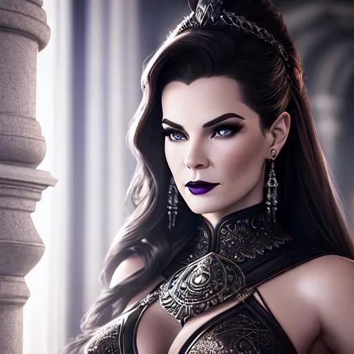 Prompt: cinematic photograph of jadzia dax, terry farrell, ethereal, underworld, realistic, intricate and hyperdetailed, pewter filigree,  dark makeup, black lipstick, fantasy art, album cover art, 3D lighting, high contrast, beautiful woman, trill, midnight