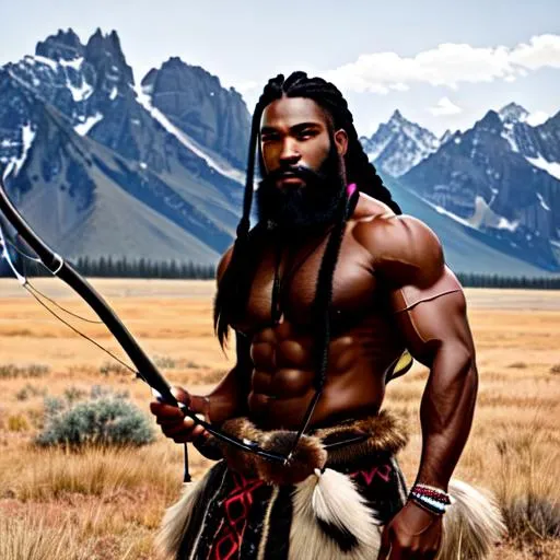 Prompt: A black muscular man wearing ancient primitive fur clothes in grassy plains with bow hunting. long braided black hair, long black beard.