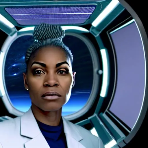 Prompt: Mekia Cox as a futuristic criminal investigator on a space station. photorealistic
